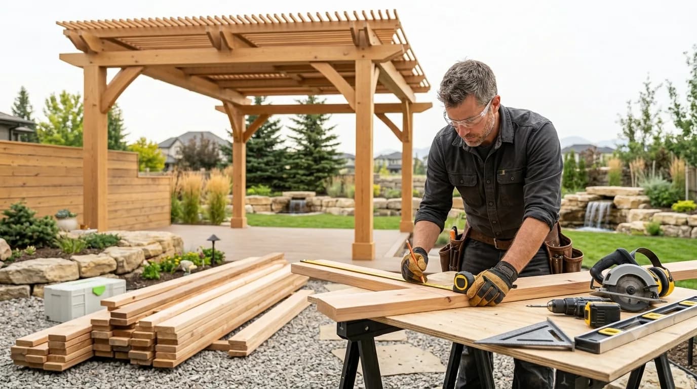 Carpenter measuring and marking a cedar board on sawhorses beside a newly built pergola in Calgary