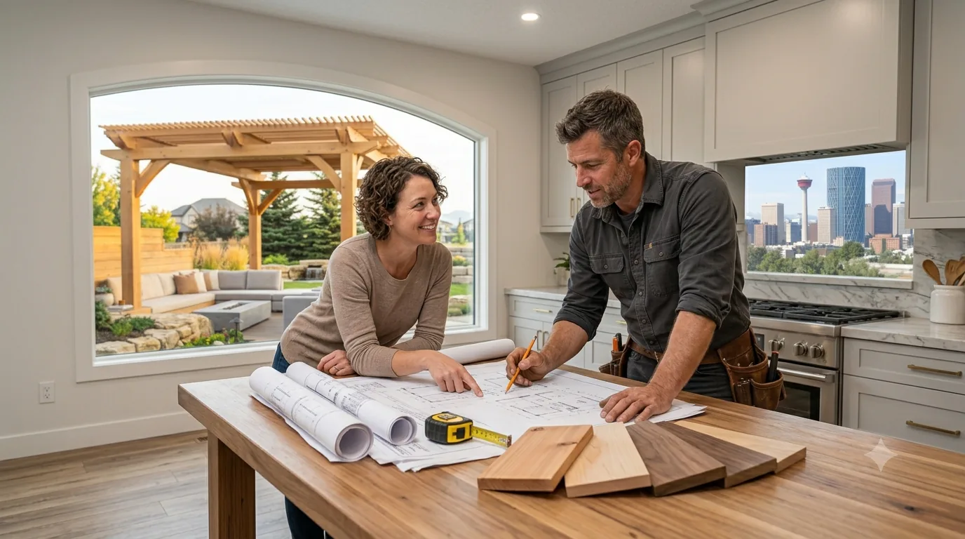 Carpenter and homeowner reviewing project drawings and timber samples at a kitchen island in Calgary
