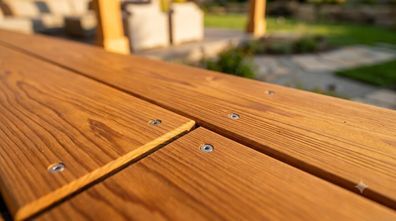 Close detail of cedar decking boards fastened with stainless steel screws, lit by low evening sun