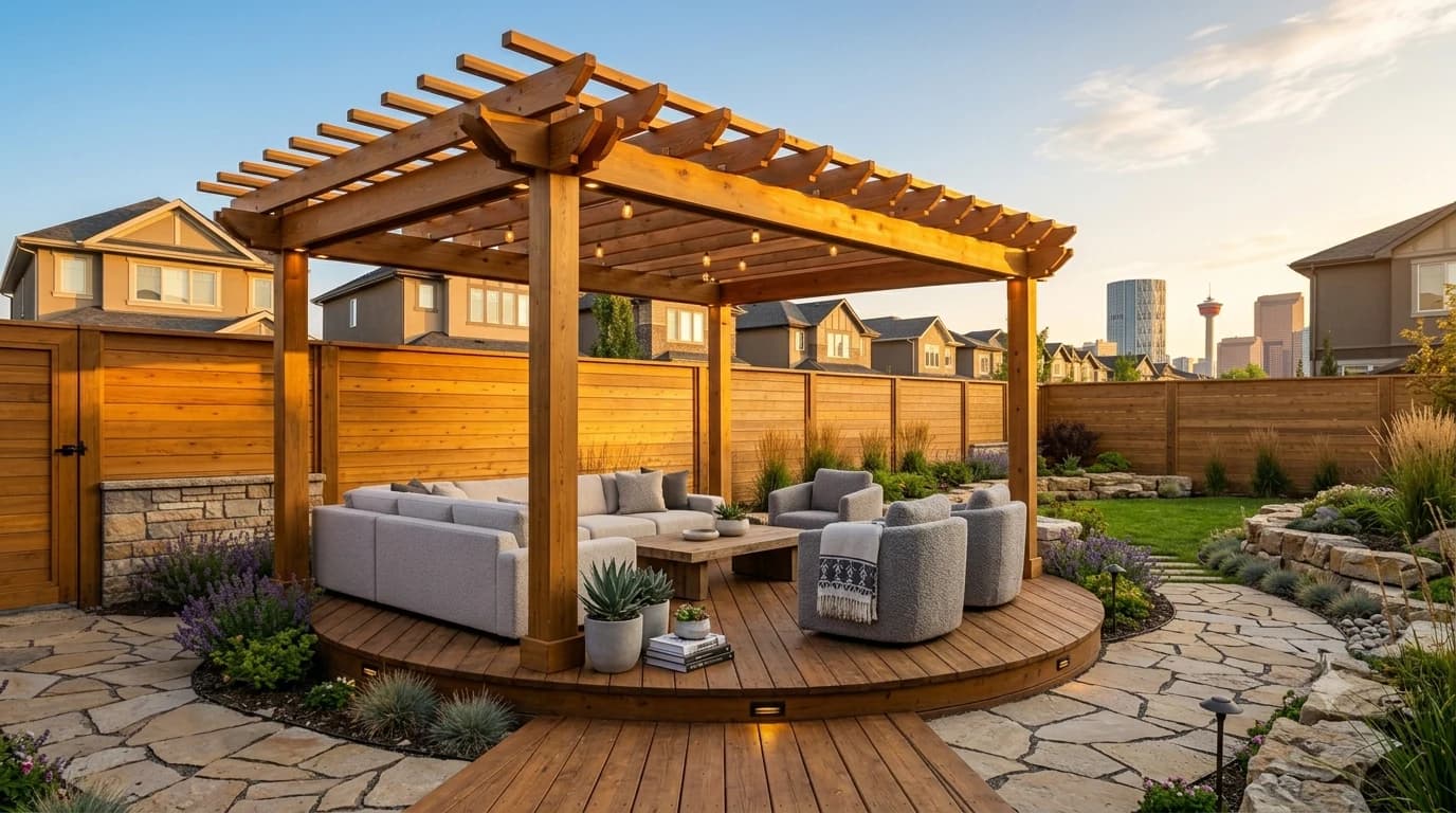 Cedar pergola with string lighting over a curved deck in a Calgary backyard at golden hour, city skyline behind