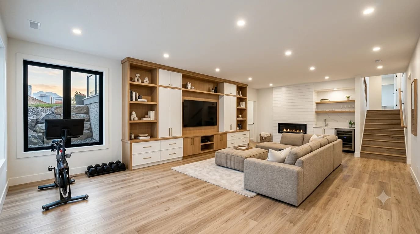 Finished Calgary basement with a full-height built-in media wall, wet bar, fireplace and oak stair