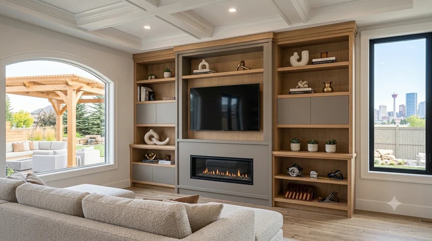 Built-in entertainment wall in white oak with a linear gas fireplace, open shelving and a coffered ceiling above