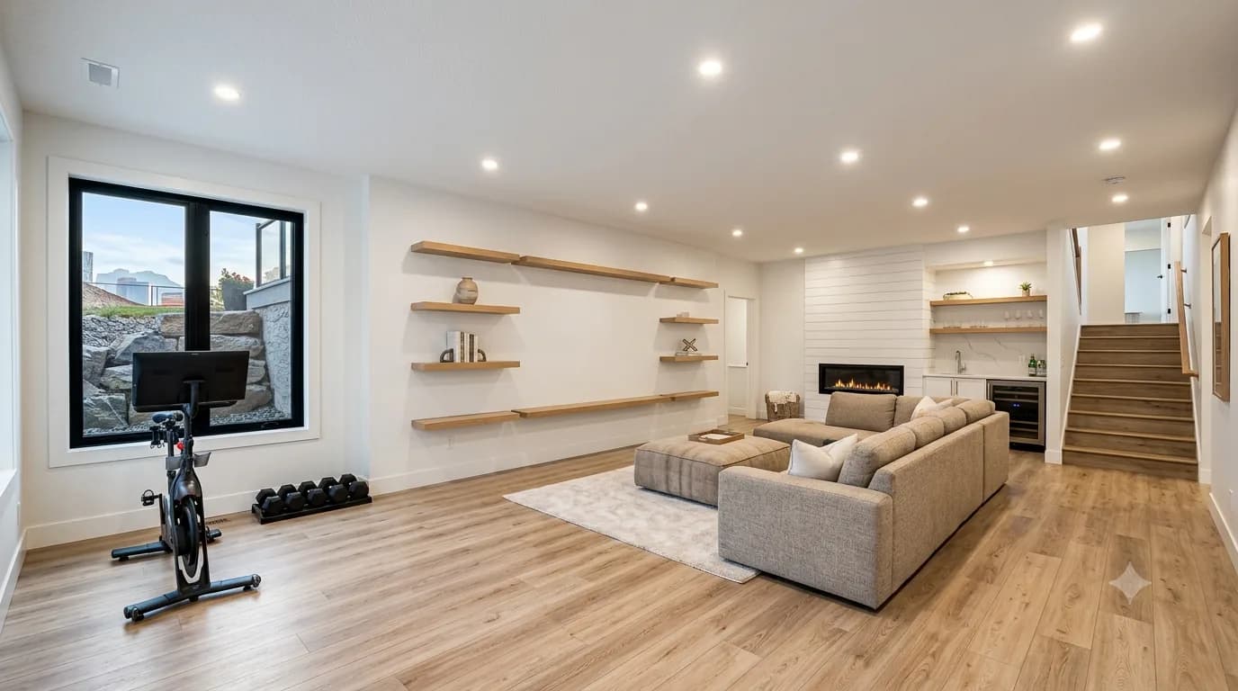 Staggered white oak floating shelves on a plain wall in a finished Calgary basement living area