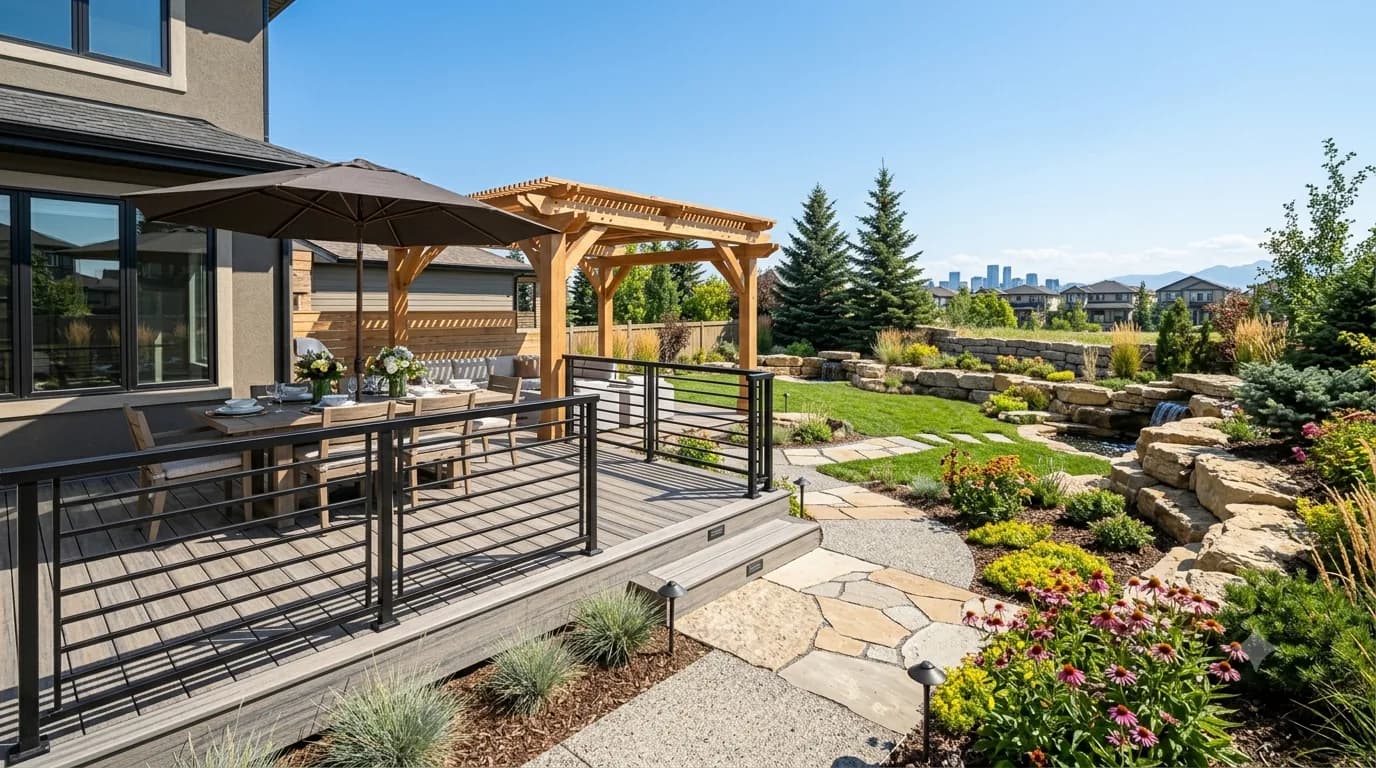 Composite deck with horizontal cable railing and a cedar pergola, overlooking terraced Calgary landscaping