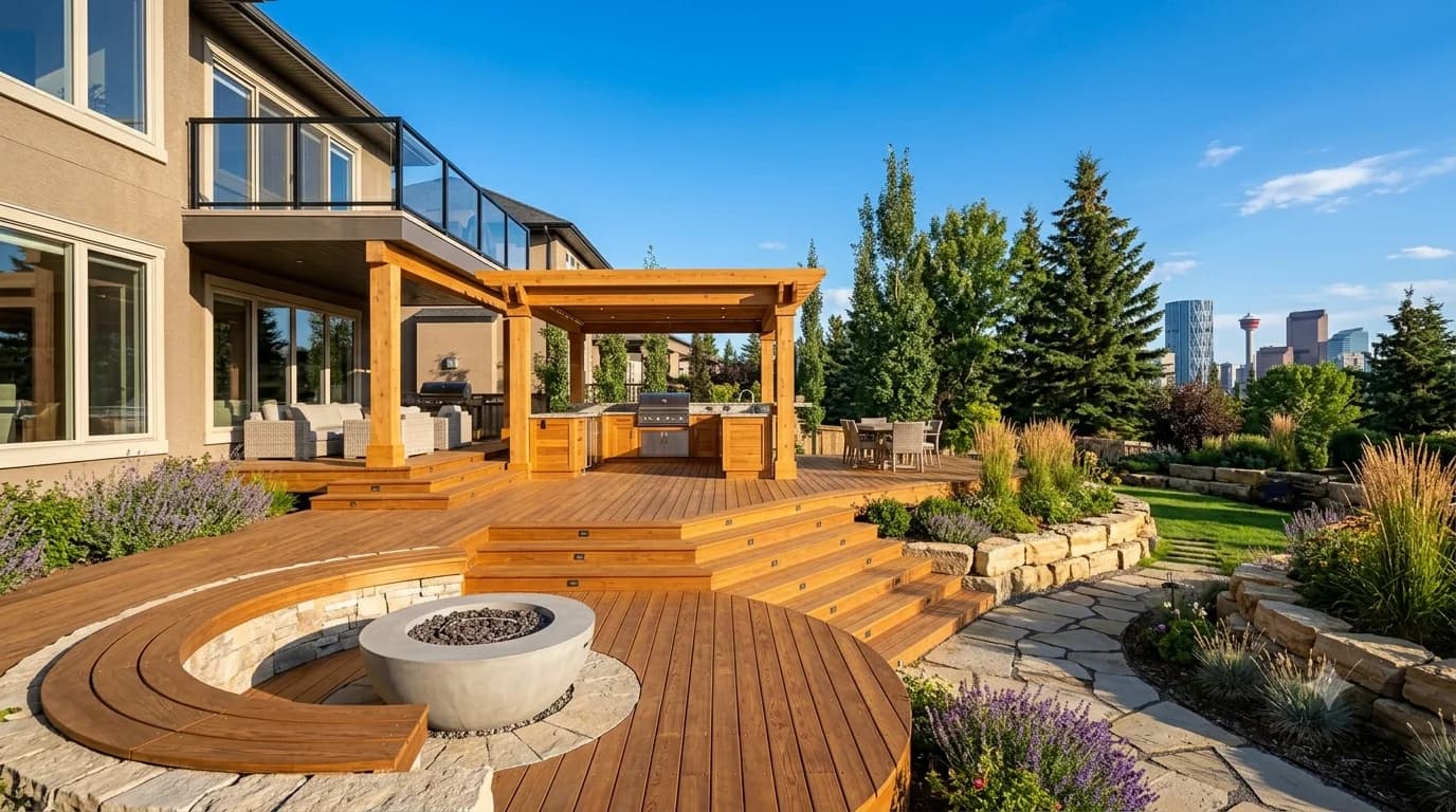 Multi-level cedar deck with integrated pergola, outdoor kitchen and curved fire-pit bench overlooking the Calgary skyline