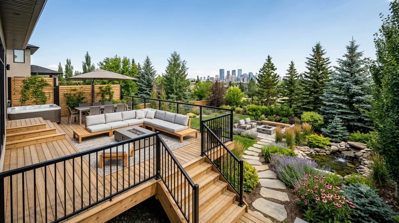 Composite deck with sectional seating, fire table, hot tub and cedar privacy screen, Calgary skyline in the distance
