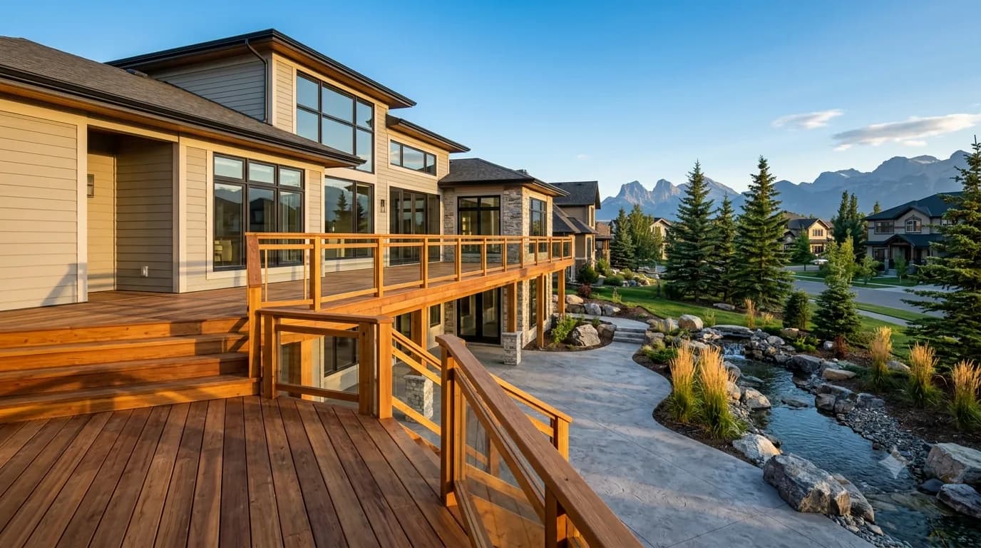 Multi-level cedar deck with matching guardrail wrapping a Calgary walkout home, Rocky Mountains on the horizon
