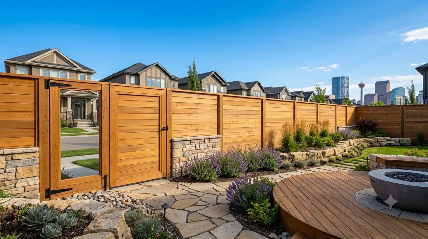 Cedar privacy fence and matching gate set on a stone base beside a flagstone path in a Calgary garden