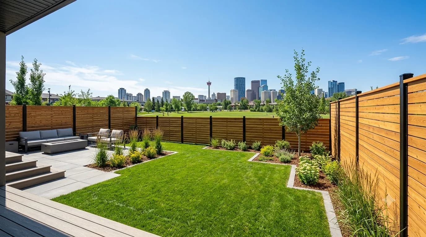 Horizontal cedar slat fence enclosing a Calgary backyard, with the downtown skyline and Calgary Tower beyond