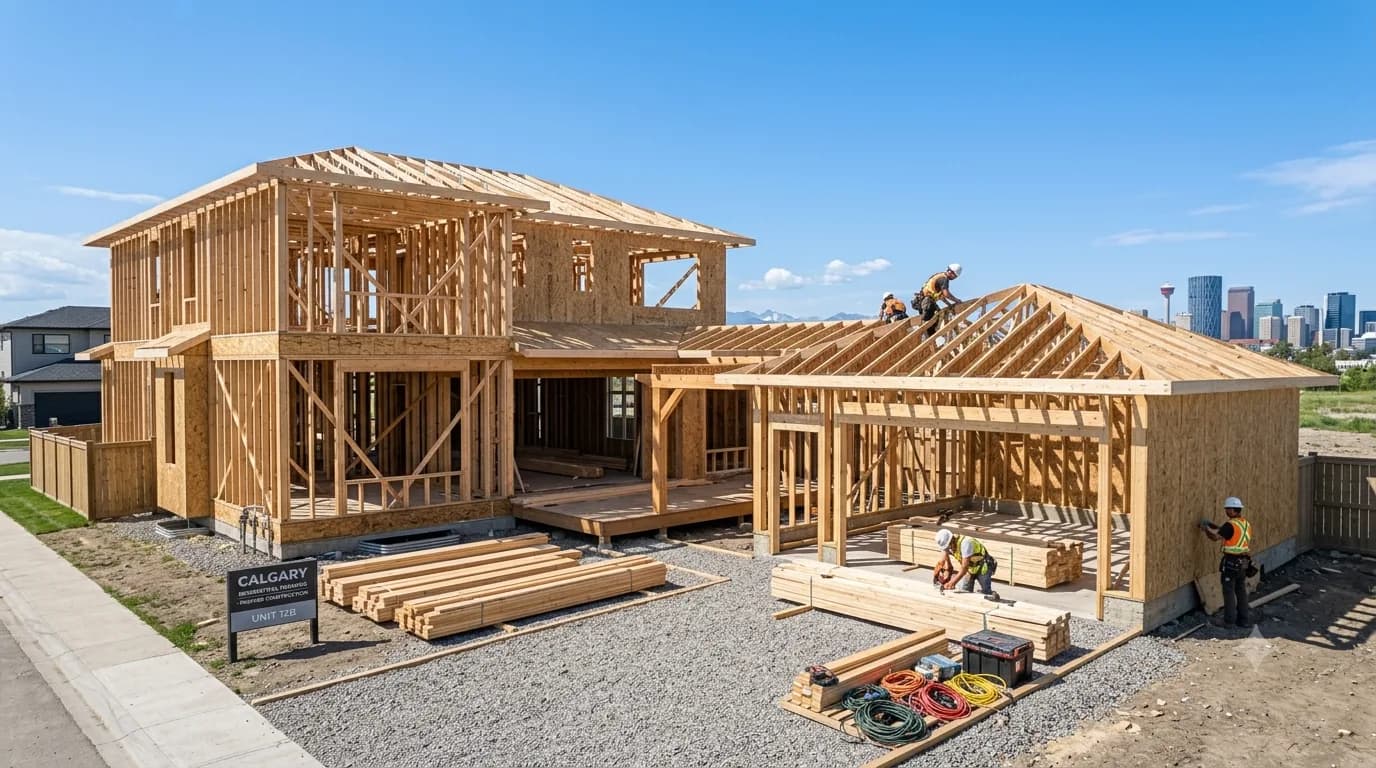 Carpenters framing the roof of a two-storey Calgary home, stacked lumber on site and the city skyline behind