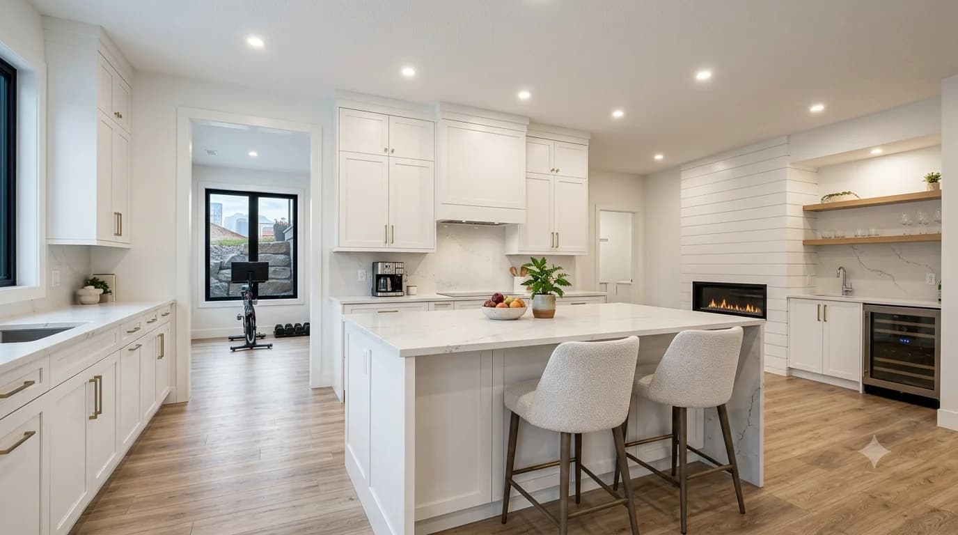 Custom white shaker kitchen cabinetry with a quartz waterfall island, integrated wet bar and linear fireplace