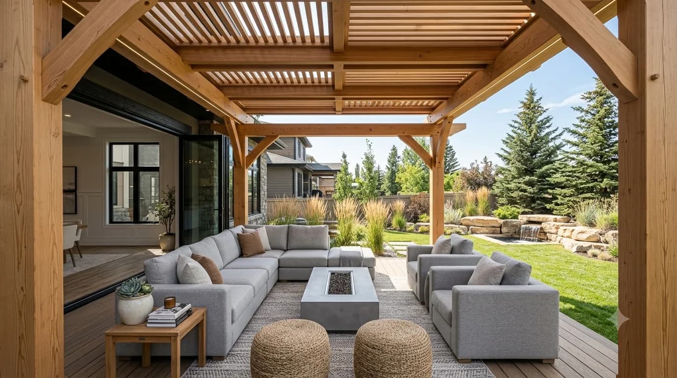 Heavy-timber cedar pergola with slatted roof sheltering an outdoor lounge and fire table in a Calgary backyard