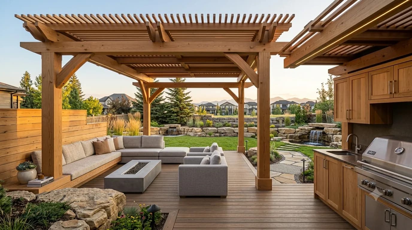Cedar pergola sheltering a built-in outdoor kitchen and bench seating on a Calgary deck at sunset