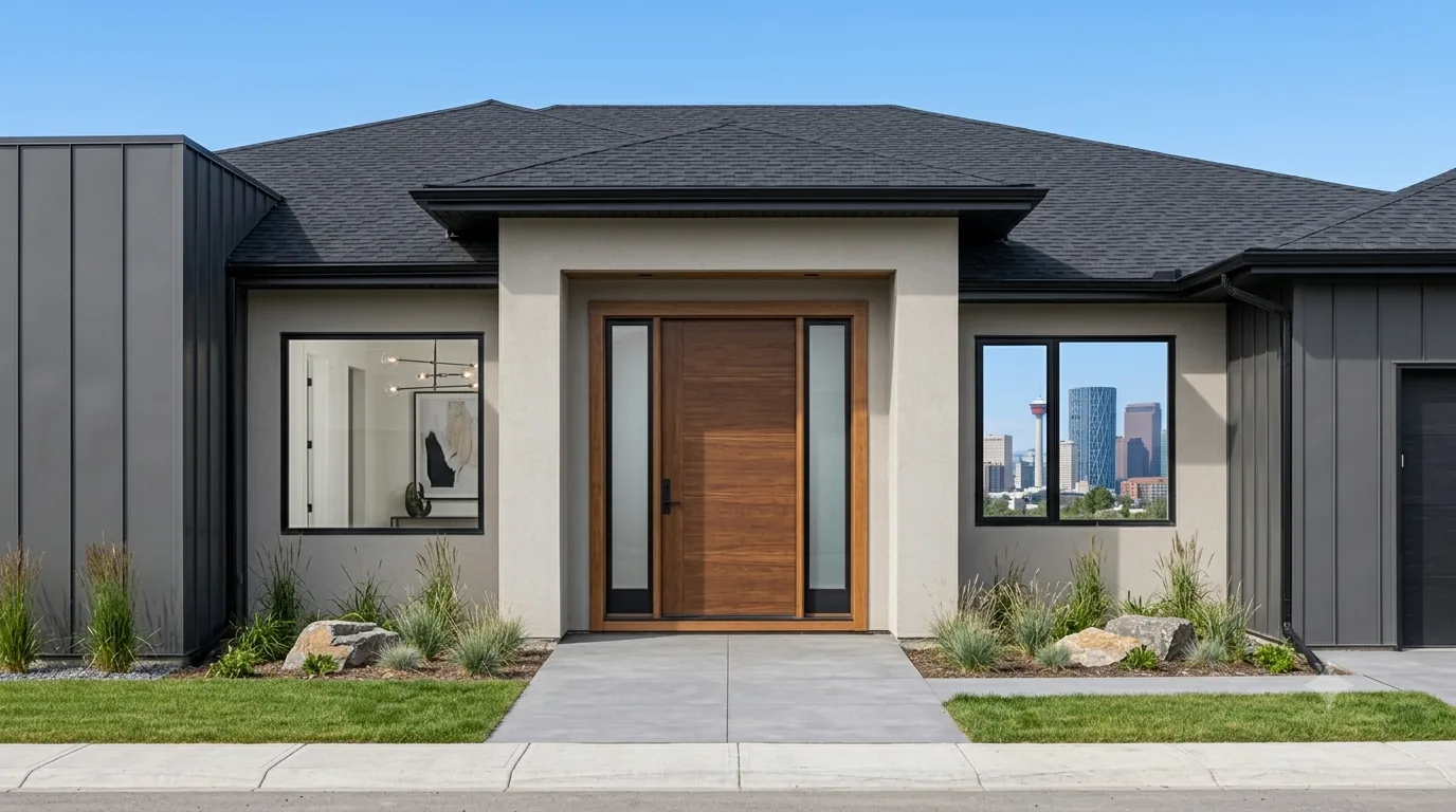 Wide walnut pivot entry door with full-height sidelights in a modern Calgary home facade