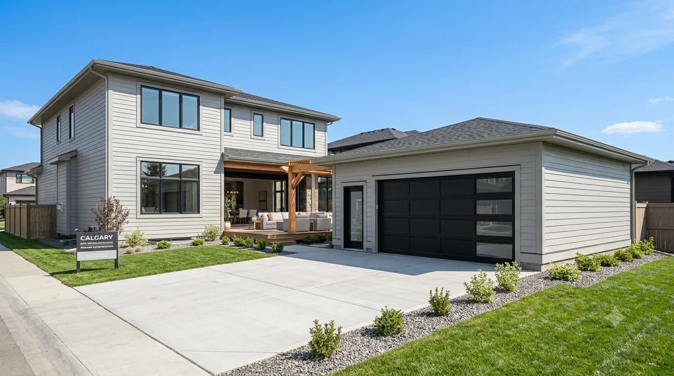 Newly completed Calgary home with a timber-framed covered patio and attached double garage