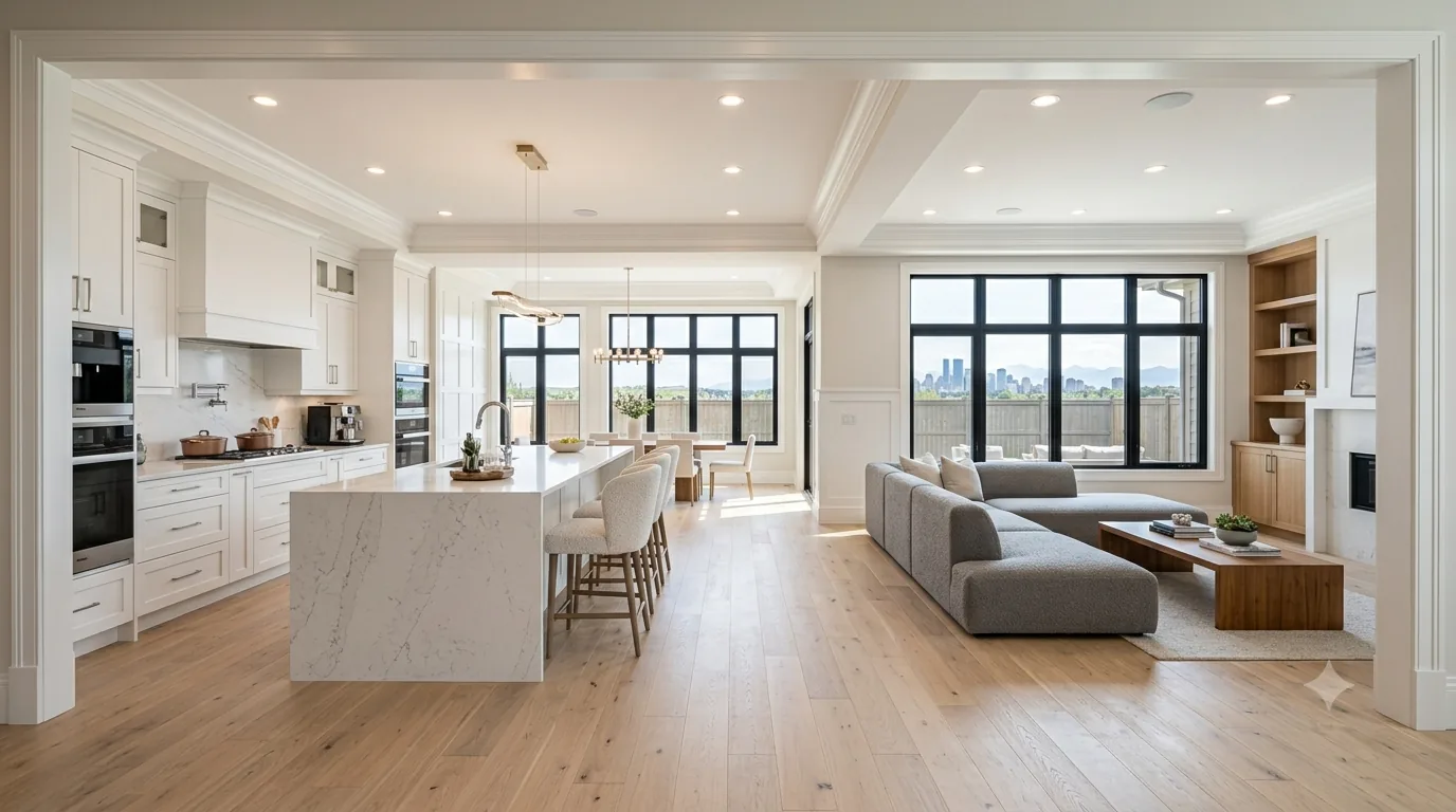 Open-concept Calgary main floor with crown moulding, built-in shelving and a quartz island, city skyline through the windows