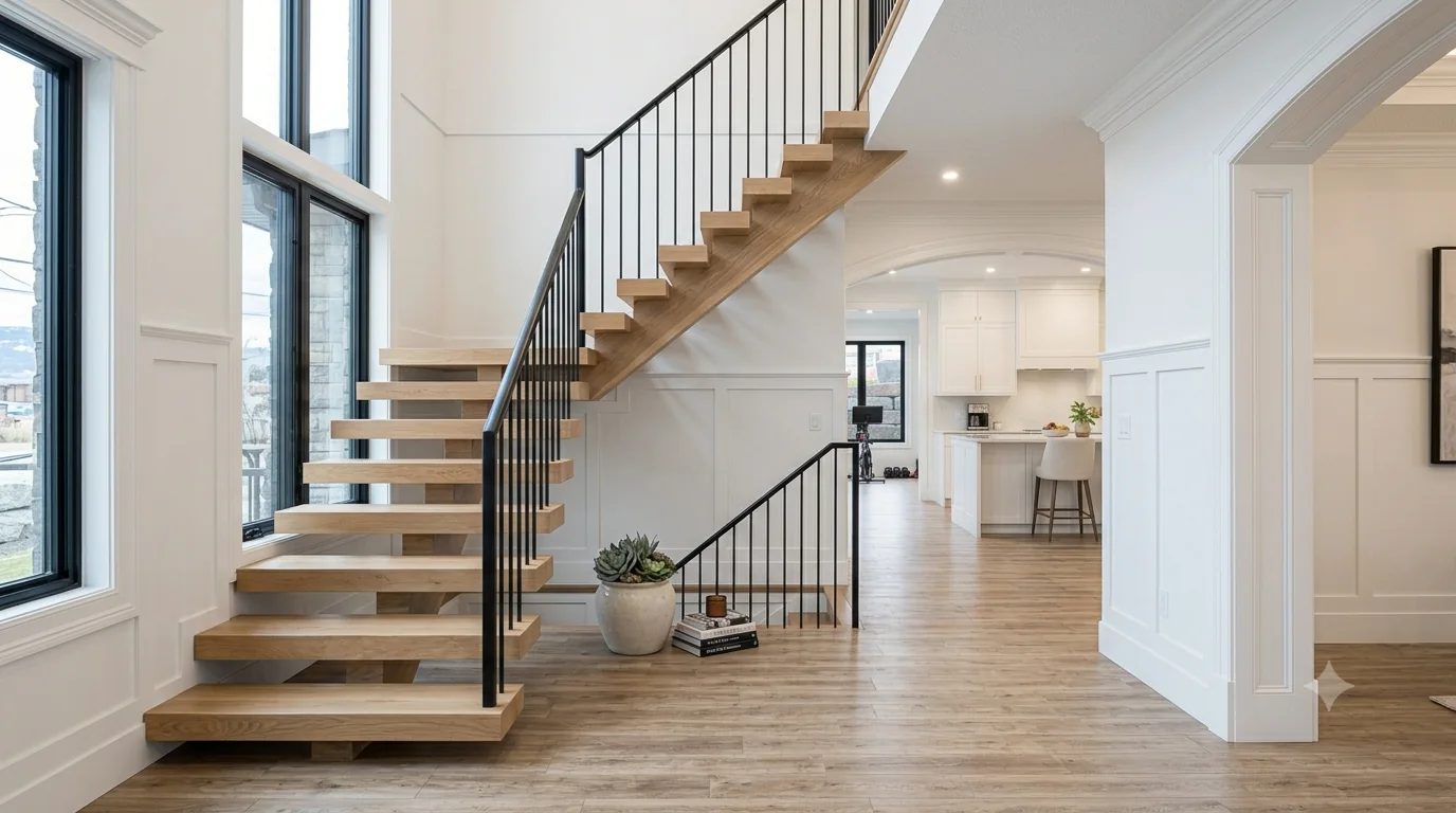 Open-riser white oak staircase with slim black spindles rising past raised-panel wainscoting in a Calgary entry