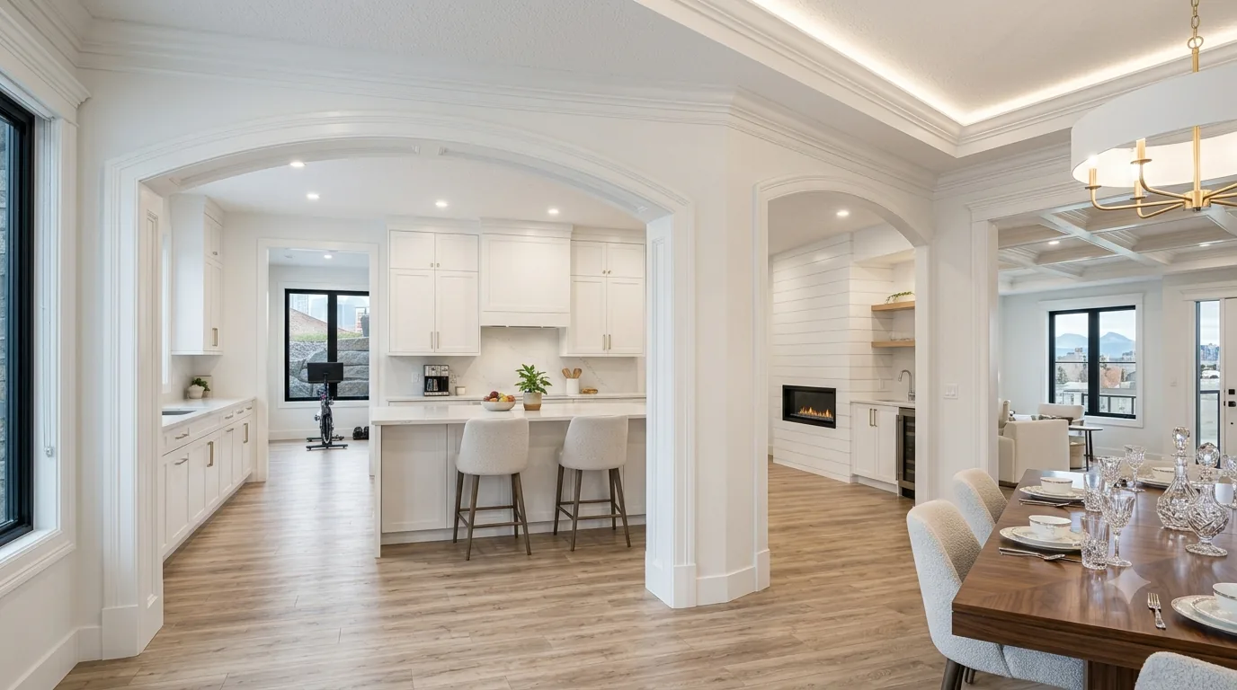 Arched cased openings, layered crown moulding and a coffered ceiling in a formal Calgary dining and kitchen space