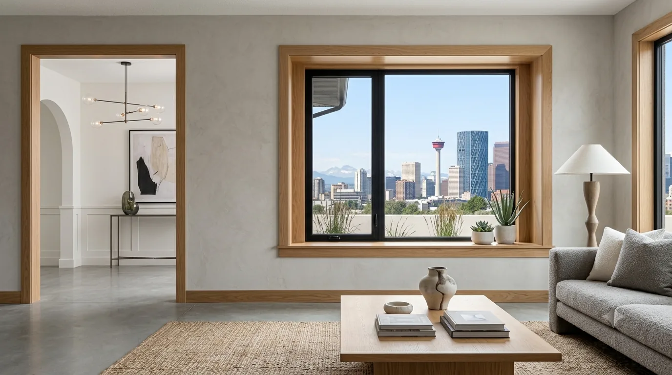 White oak window casing with a deep stool and apron framing a view of the Calgary Tower and downtown