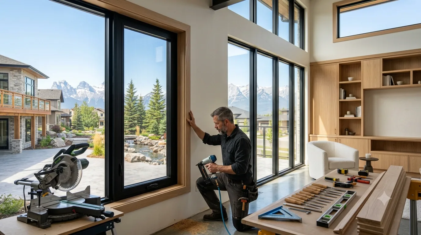 Finish carpenter fitting white oak window casing with a brad nailer, mitre saw and chisels set out nearby