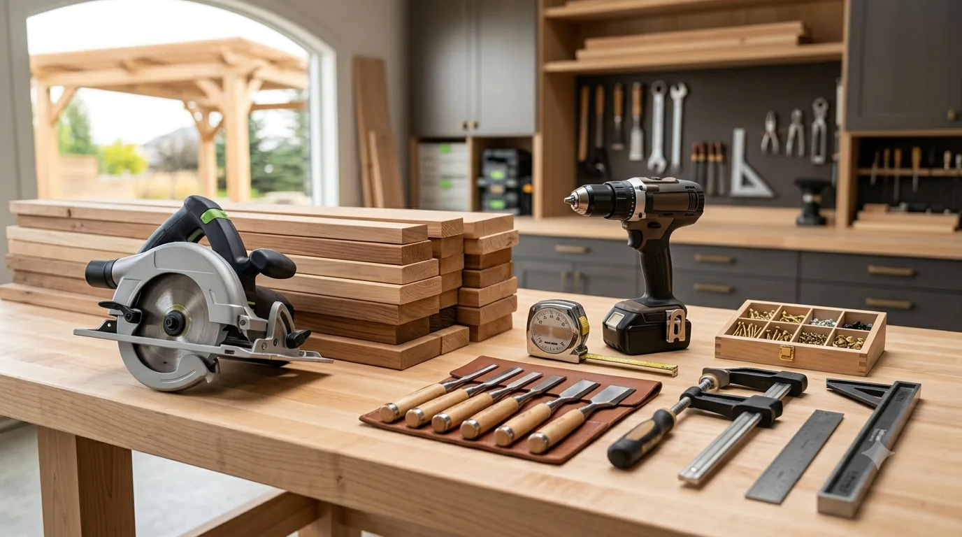 Woodworking tools laid out on a maple workbench — circular saw, chisels, cordless drill, clamps and a framing square