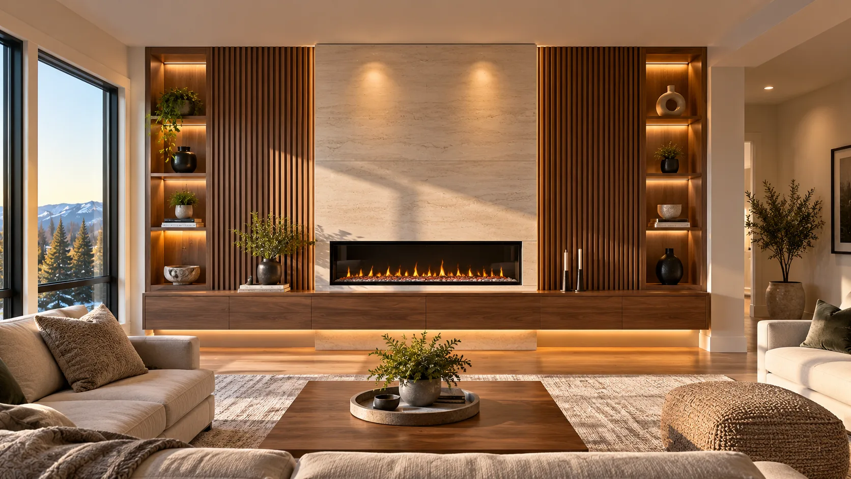 AI design illustration of a fireplace feature wall with vertical oak slats, pale stone and illuminated shelves
