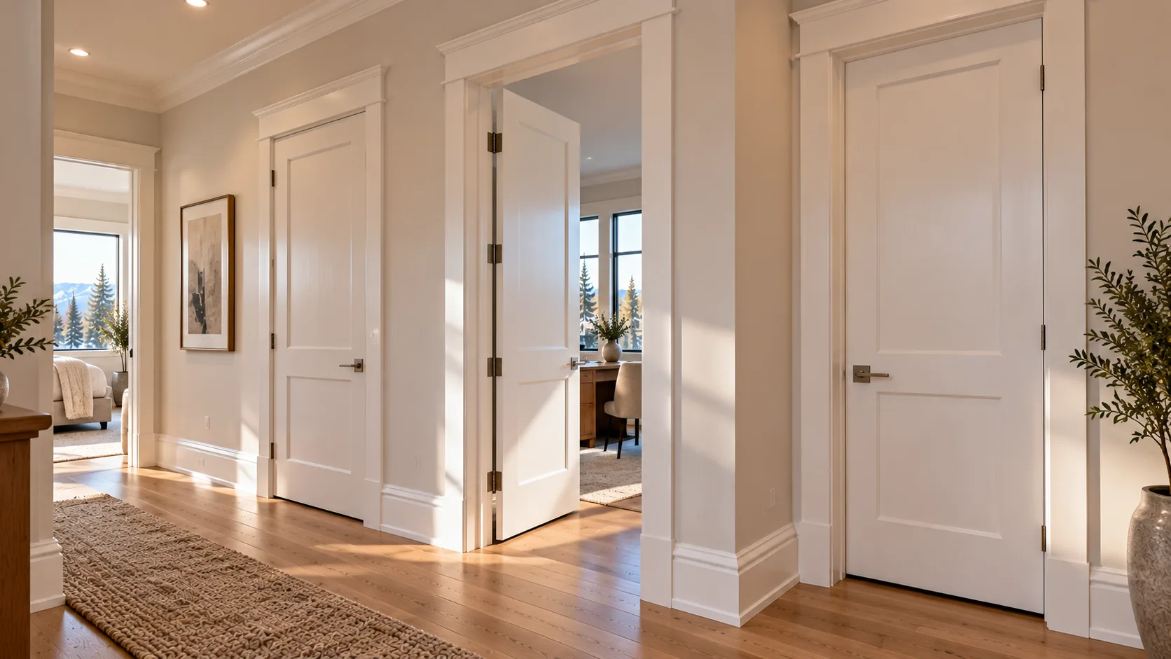 AI design illustration of white panelled interior doors with matching casings and dark hardware