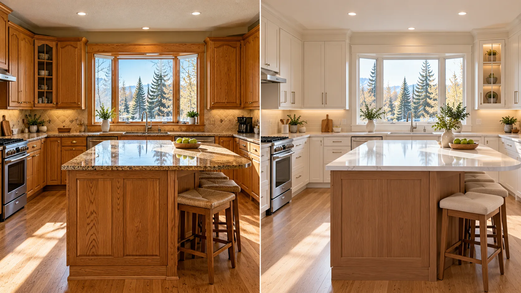 AI design comparison of an oak kitchen and a white kitchen; not a documented renovation before and after