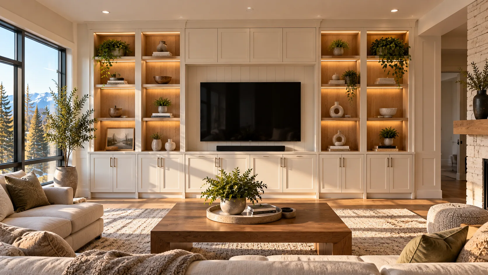 AI design illustration of living-room built-in cabinets surrounding a television with lit open shelves