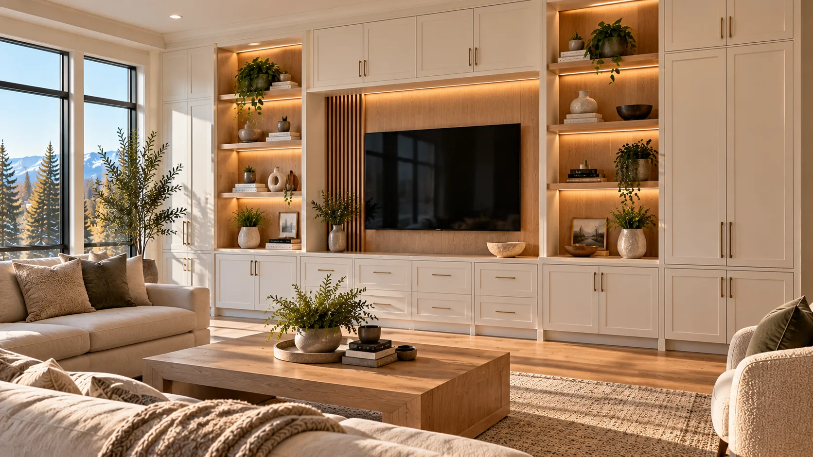 AI design illustration of a television wall with closed base cabinets and illuminated display shelves