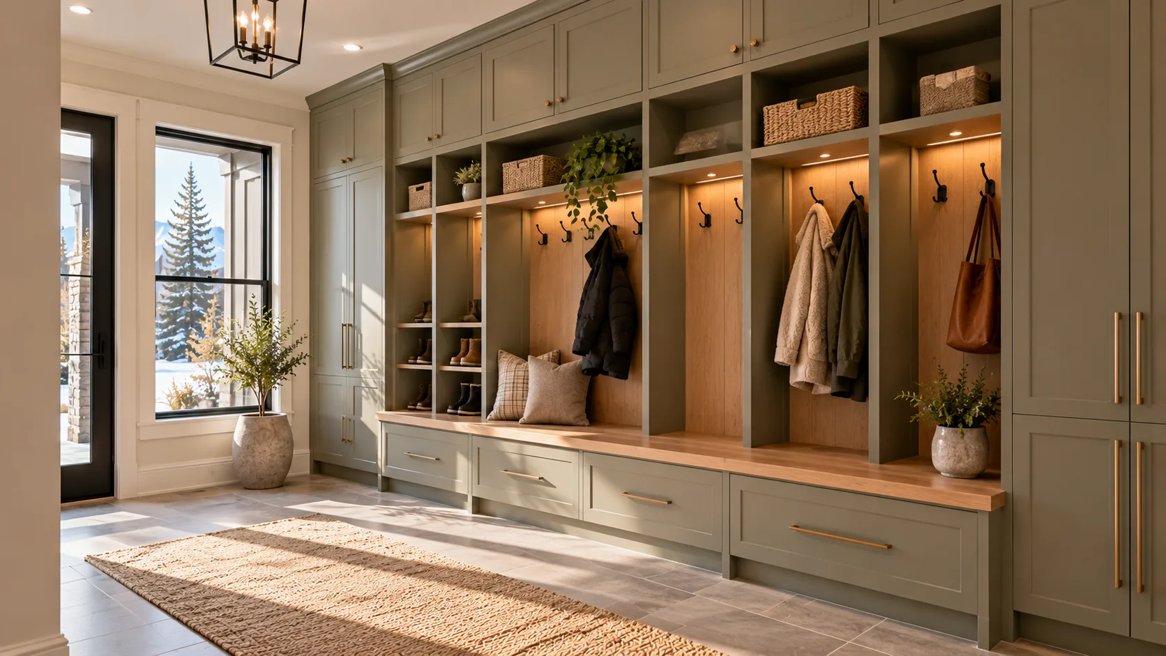 AI design illustration of sage-green mudroom lockers with coat hooks, bench and boot storage