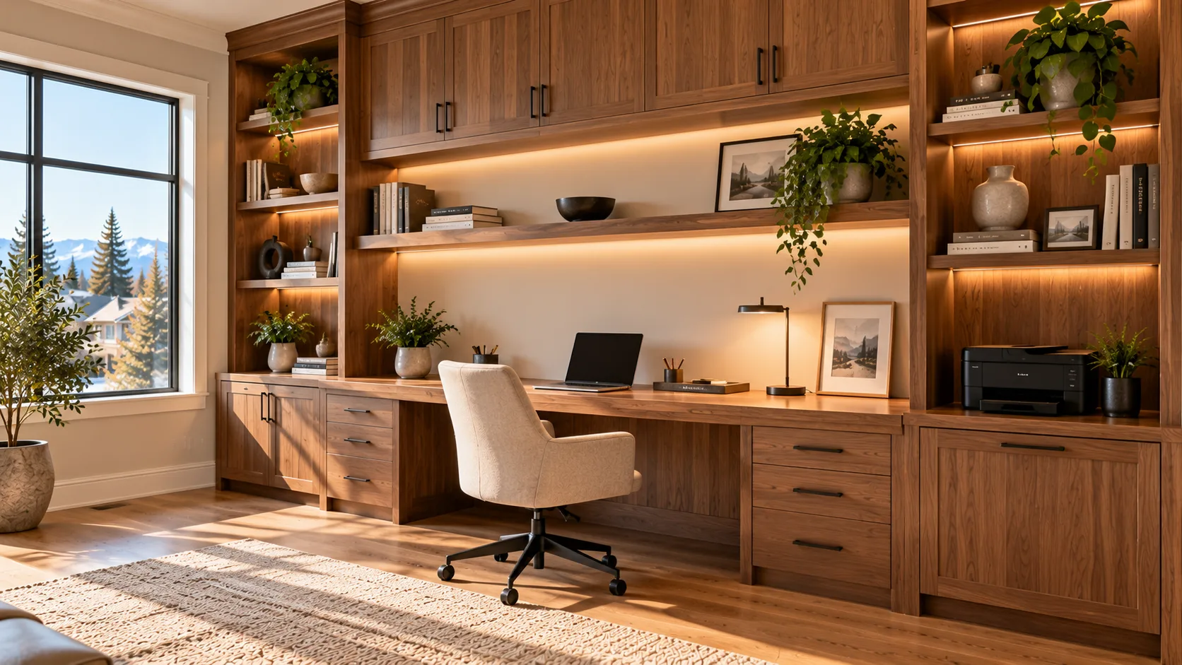 AI design illustration of walnut home office built-ins with a desk, upper cabinets and open shelving