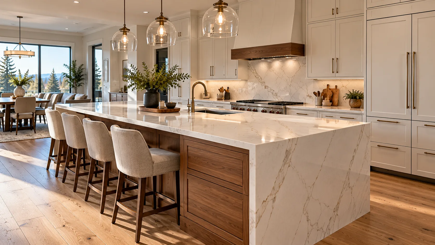 AI design illustration of a walnut kitchen island with waterfall quartz and upholstered seating