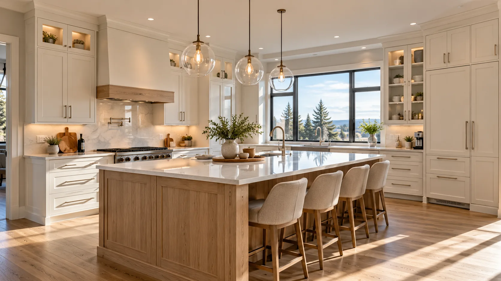 AI design illustration of white kitchen cabinets with glass-front uppers and an oak island