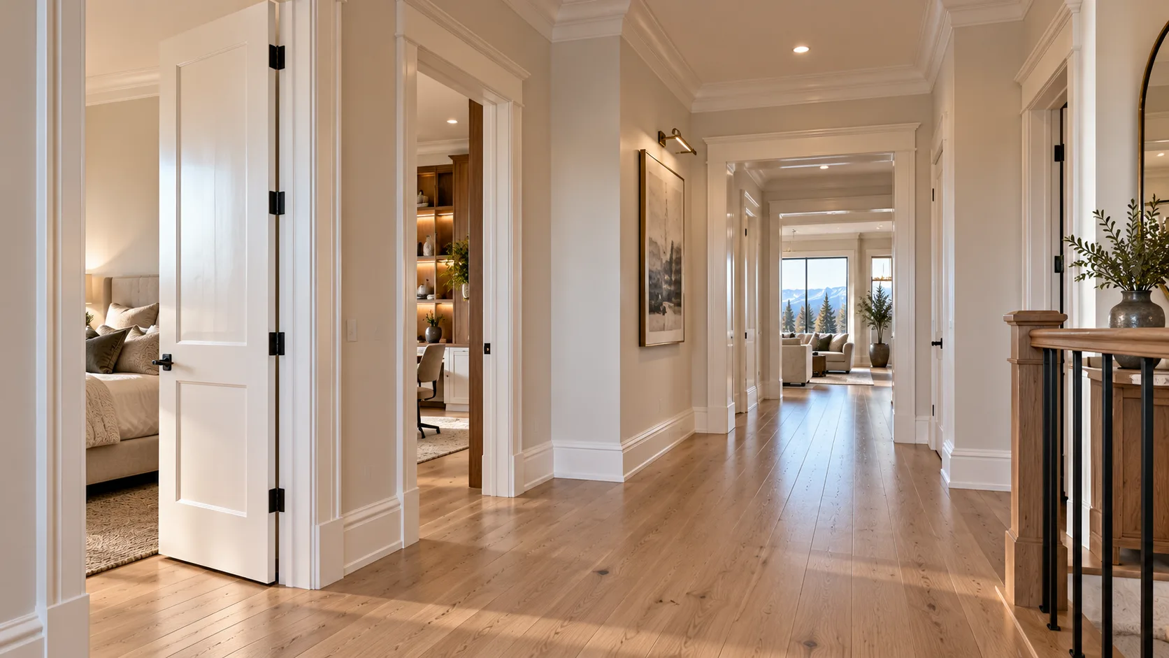 AI design illustration of a hallway with white baseboards, crown moulding and door casings