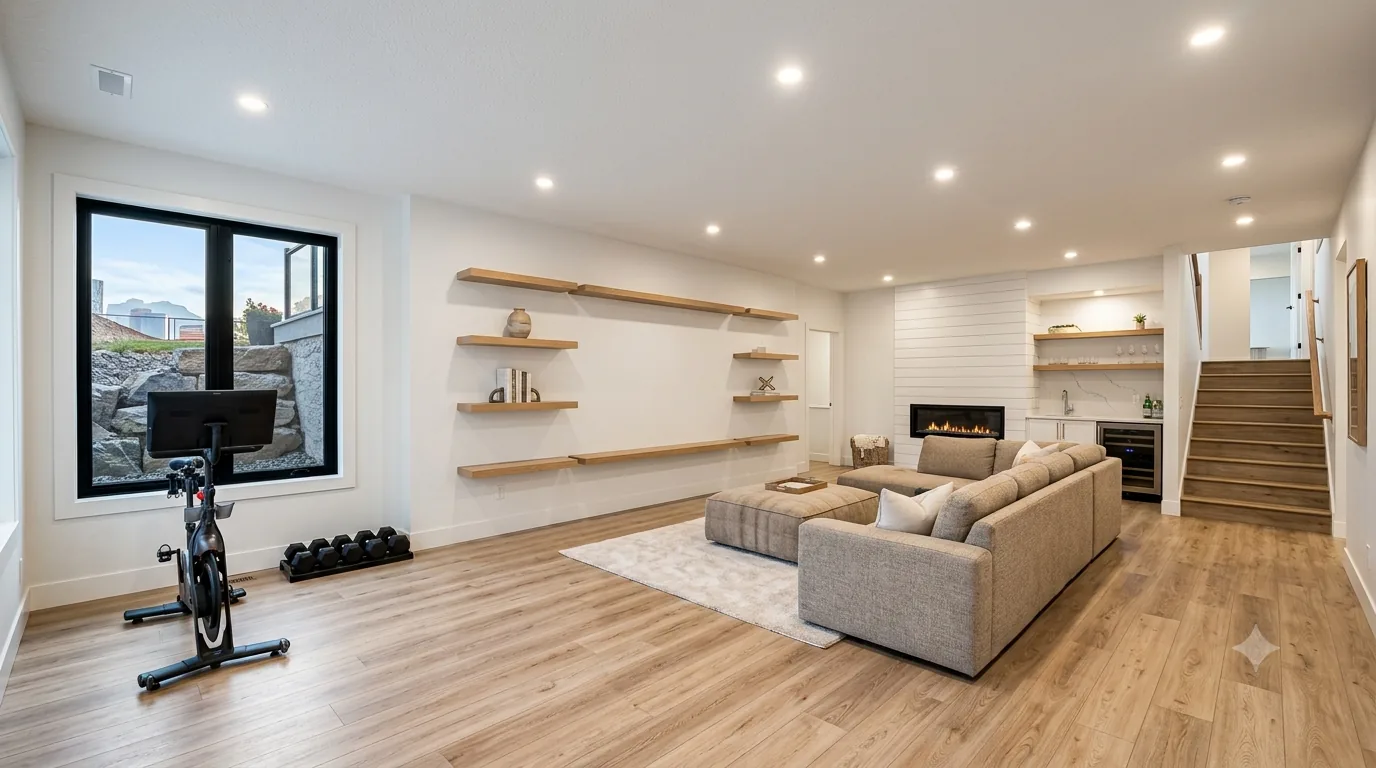 Staggered white oak floating shelves on a plain wall in a finished Calgary basement living area