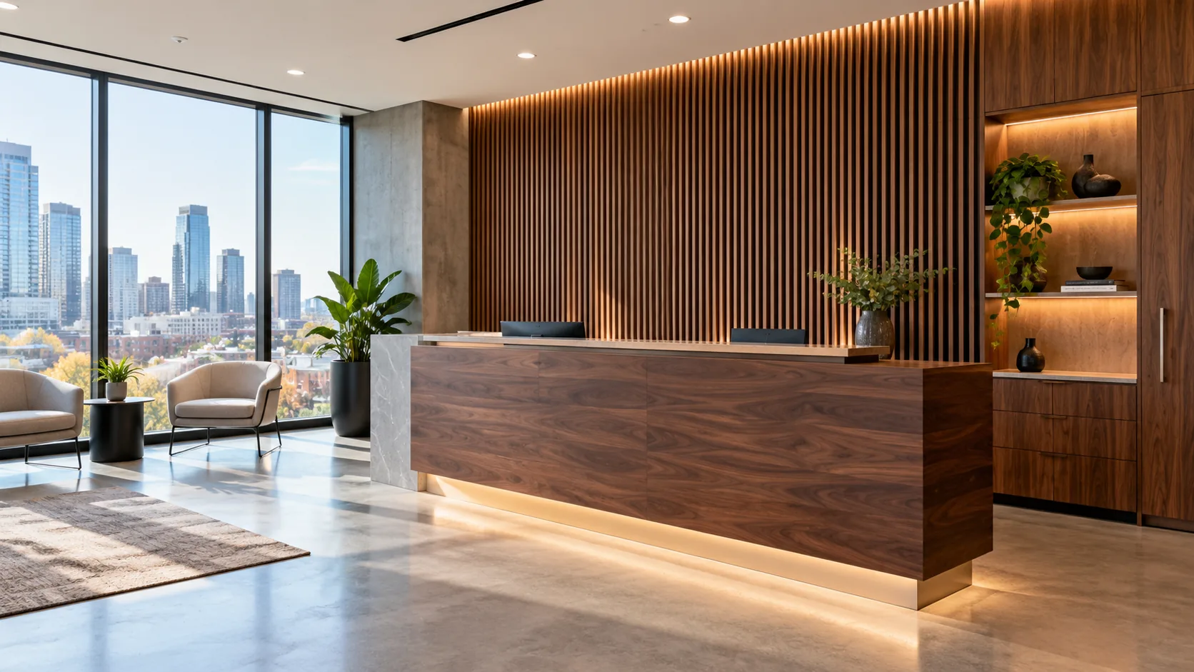 AI illustration of a walnut reception desk and wood slat feature wall in a modern office reception