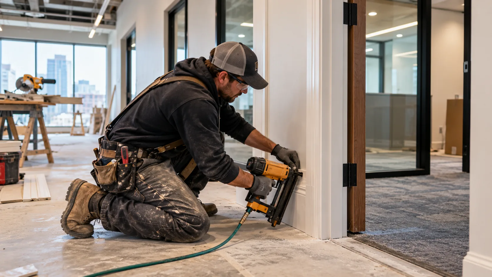 AI illustration of a finish carpenter installing white door casing and baseboards in an office