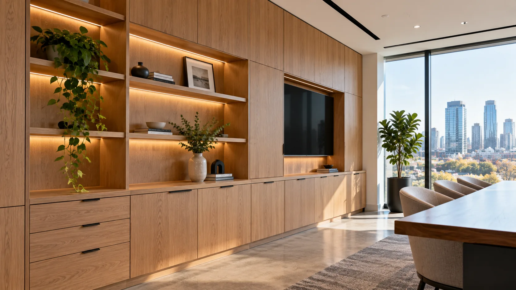 AI illustration of natural oak office cabinetry and shelving with integrated lighting
