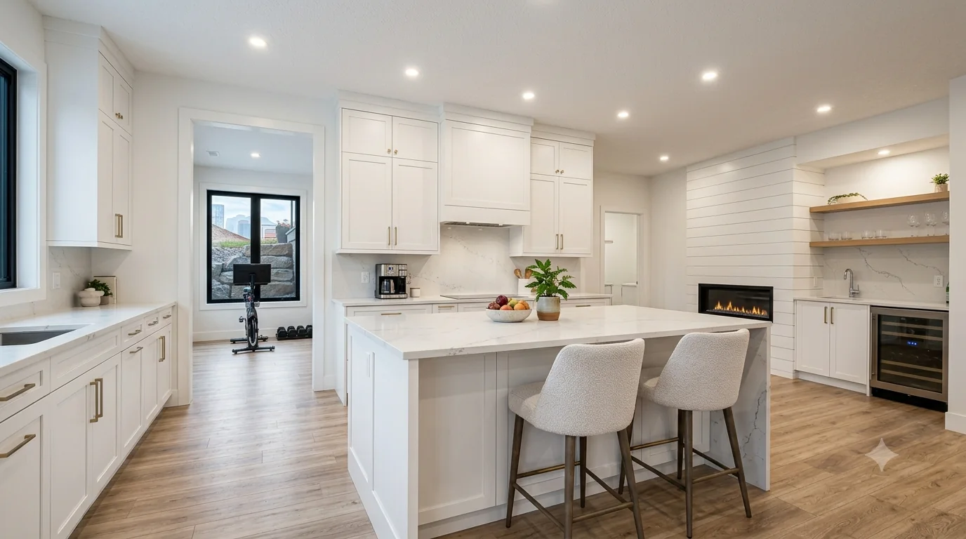 Custom white shaker kitchen cabinetry with a quartz waterfall island, integrated wet bar and linear fireplace