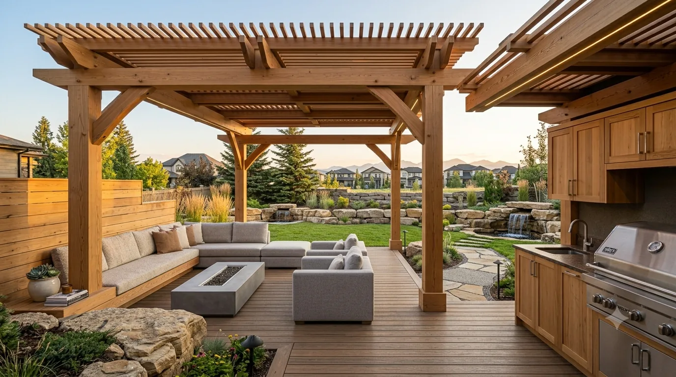 Cedar pergola sheltering a built-in outdoor kitchen and bench seating on a Calgary deck at sunset